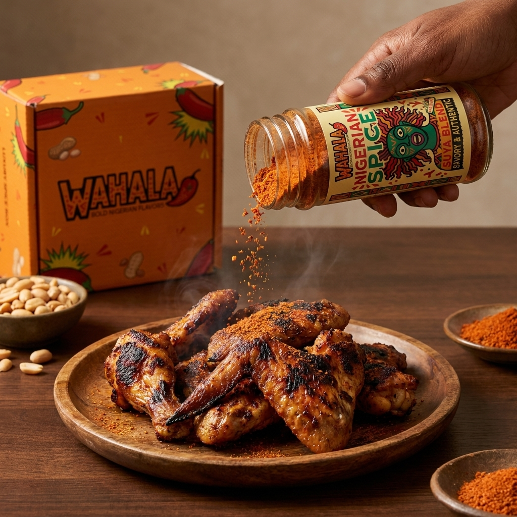 Wahala Suya Blend being shaken over grilled chicken wings
